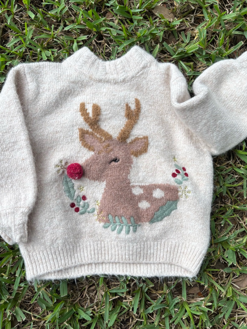Zara Cream Knit Sweater with Reindeer and Red Pom Nose